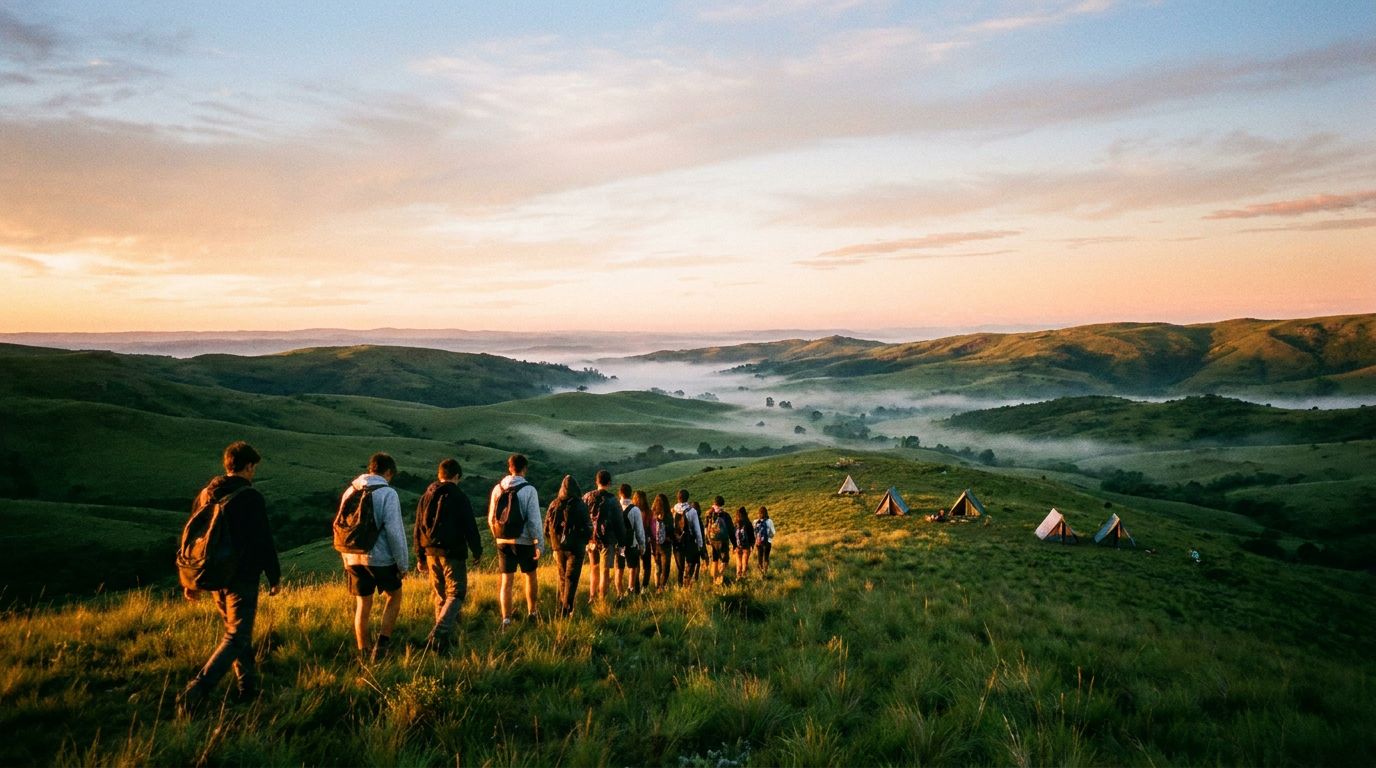 Alumnos de campamento caminando por las sierras al amanecer