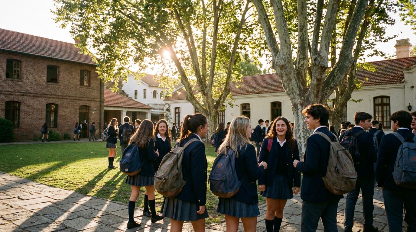 Alumnos del Colegio Nuevo de Las Lomas conversando en el patio al atardecer