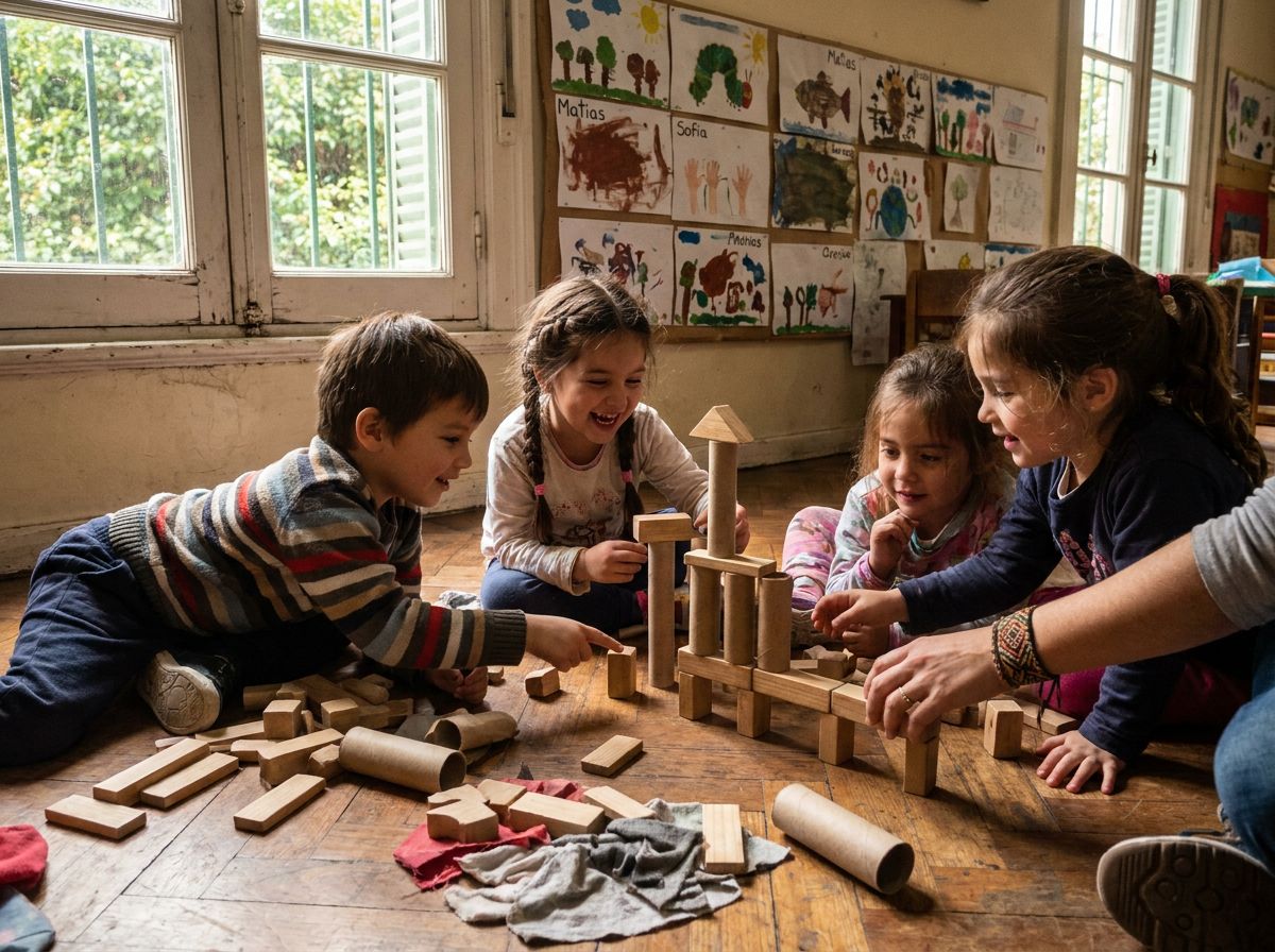 Niños de jardín construyendo un proyecto con bloques
